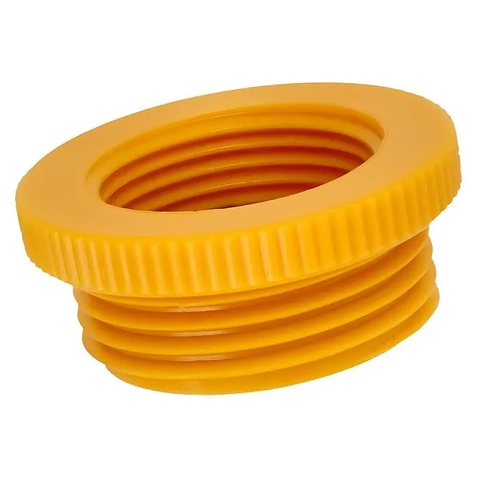 Neptun Adaptador para grifo - 33,3 mm (1″), 26,5 mm (¾″), 21 mm (½″) - Primer plano de un accesorio roscado de plástico amarillo con ranuras en el borde superior. Ideal para fontanería.