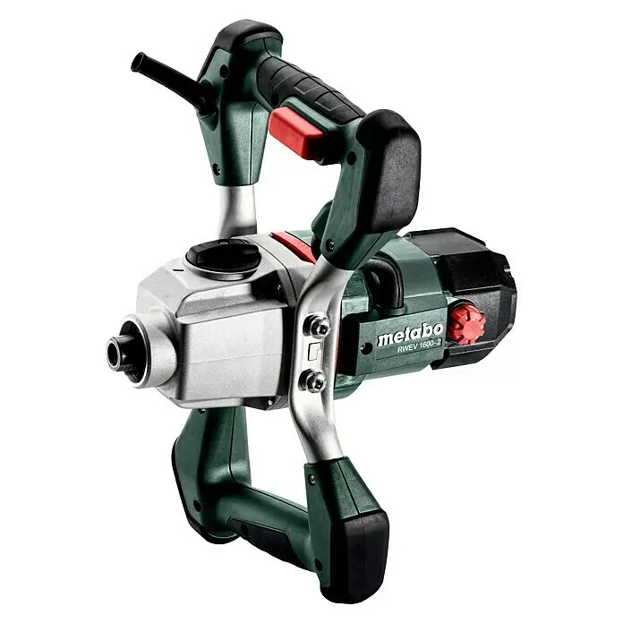 Metabo Rührwerk RWEV 1600-2 - Mischvolumen: 90 l, Durchmesser Rührer: 160 mm - Metabo RWEV 1600-2 Rührwerk in Grün und Silber mit schwarzen Griffen und roten Bedienelementen.