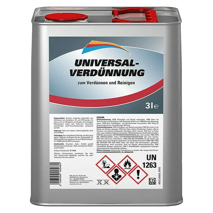 Universalverdünnung - 3 l - Dose Universal-Verdünnung zum Verdünnen und Reinigen. Enthält aromatische Kohlenwasserstoffe, C9-Aromaten. UN 1263 Gefahrgutzeichen.