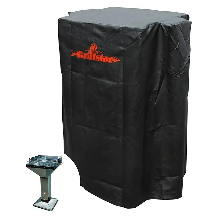 Grillstar Grill-SchutzhüllePassend für: Grillstar Trichtergrill Colorado - Schwarze Grillabdeckung von Grillstar, die einen Grill schützt, mit rotem Logo und Flammen, sowie ein kleinerer Grill daneben.