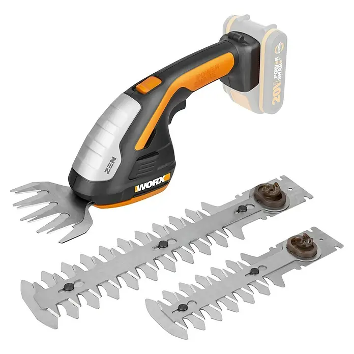 Worx PowerShare 20V Akku-Gras- & Strauchschere WG801E.9 - 20 V, Ohne Akku - Abbildung einer Worx Zen Akku-Gras- und Strauchschere mit verschiedenen Aufsätzen, ideal für die Gartenpflege.