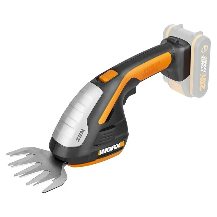 Worx PowerShare 20V Akku-Gras- & Strauchschere WG801E.9 - 20 V, Ohne Akku - Akkubetriebene Grasschere von WORX mit silberfarbenem Scherenkopf, schwarzem Griff mit orangen Details und einem 20V Power Share Akku.