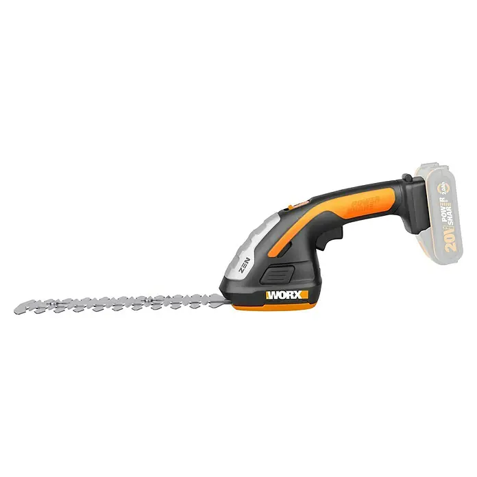 Worx PowerShare 20V Akku-Gras- & Strauchschere WG801E.9 - 20 V, Ohne Akku - Akkubetriebene Worx Zen Astschere mit orangefarbenen Akzenten, die für präzise und mühelose Gartenarbeit entwickelt wurde.