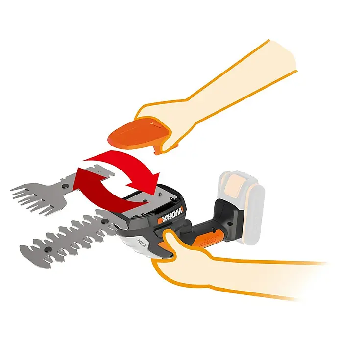Worx PowerShare 20V Akku-Gras- & Strauchschere WG801E.9 - 20 V, Ohne Akku - Abbildung einer Worx Akku-Gras- und Strauchschere, bei der ein Aufsatz mit einem Pfeil gewechselt wird.