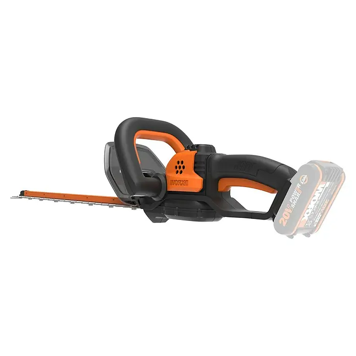 Worx PowerShare 20V Akku-Heckenschere WG264E.9 - 20 V, Ohne Akku - Eine kabellose Worx-Heckenschere mit orangefarbenem Akku und Griff auf schwarzem Gehäuse.