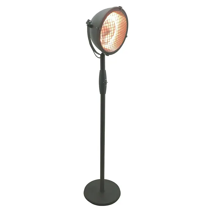 Halogen-Heizstrahler - Schwarz, Höhe: 200 cm - Diese Aufnahme zeigt einen Heizstrahler mit rundem Schirm und Gitter, montiert auf einem schlanken, schwarzen Ständer mit runder Basis.