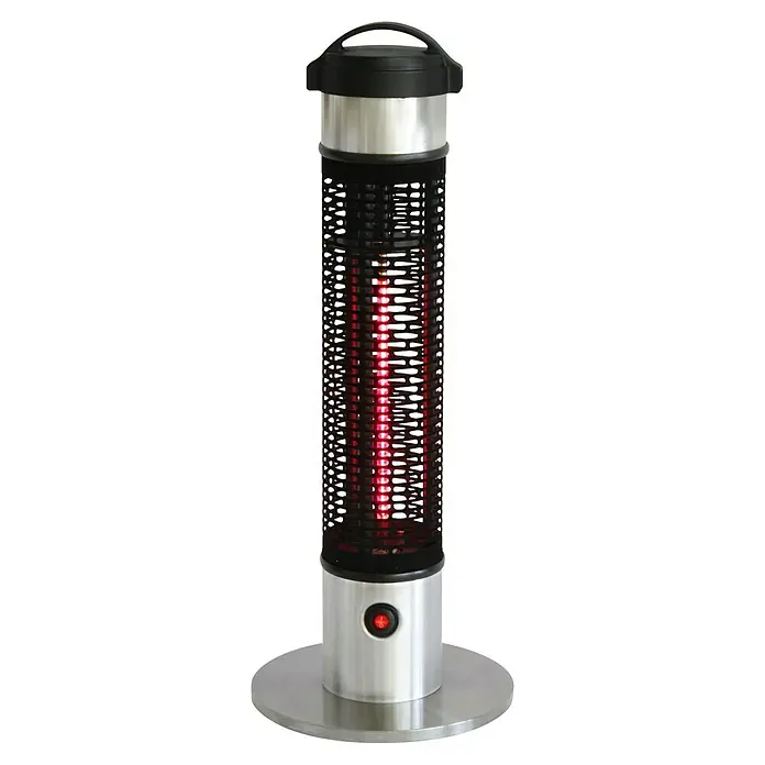 Heizstrahler - 1.200 W, Silber/Schwarz, Höhe: 65 cm - Ein Infrarot-Heizstrahler mit einem silbernen Sockel, einem schwarzen Gitter und einem oberen Griff für den einfachen Transport.