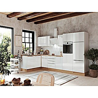 BAUHAUS Winkelküche Sandra (B x T: 340 x 170 cm, Weiß, Mit Elektrogeräten, Farbe Korpus: Weiß)