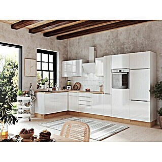 BAUHAUS Winkelküche Sandra (B x T: 370 x 170 cm, Weiß, Mit Elektrogeräten, Farbe Korpus: Weiß)