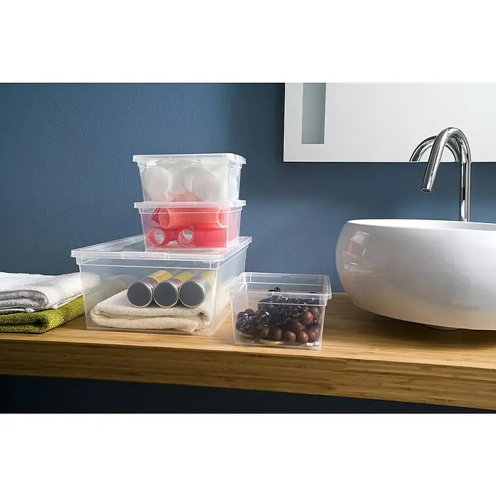 KIS Aufbewahrungsbox C-Box XXS+ - 16,5 x 19,5 x 9,5 cm, 2 l, Transparent - Dieses Bild zeigt eine Auswahl an durchsichtigen Aufbewahrungsboxen mit Deckel, die sich ideal für die Organisation im Bad eignen.