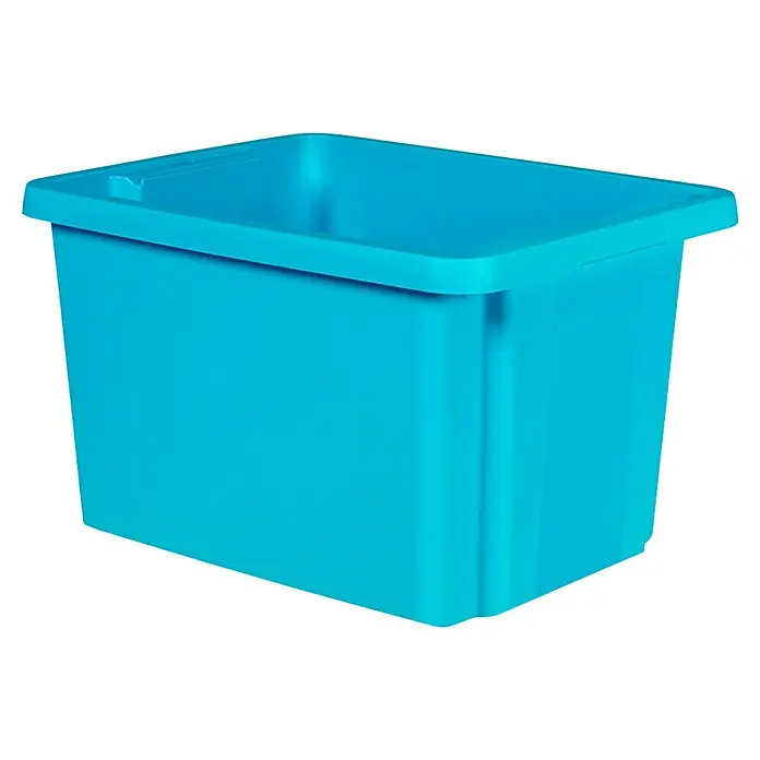 Curver Aufbewahrungsbox Essentials - L x B x H: 34 x 43 x 26 cm, Kunststoff, Petrol - Nahaufnahme einer leeren, hellblauen Kunststoff-Aufbewahrungsbox mit rechteckiger Form vor schwarzem Hintergrund.