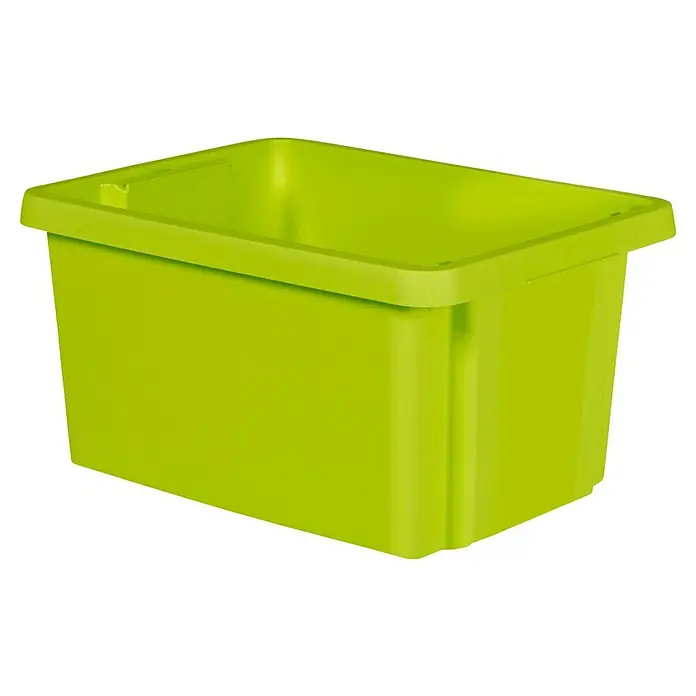 Curver Aufbewahrungsbox Essentials - L x B x H: 30 x 39 x 20 cm, Kunststoff, Grün - Ein hellgrüner, leerer Aufbewahrungsbehälter aus Kunststoff vor einem neutralen schwarzen Hintergrund. Ideal für Ordnung und Lagerung.