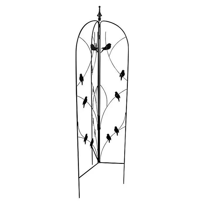 Windhager Rankgitter Bird 3-teilig - B x H: 39 x 154 cm, Metall, Schwarz - Schwarzes Metall-Gartenspalier mit gewölbter Oberseite und Vogel- und Astsilhouetten zur Pflanzenstütze.
