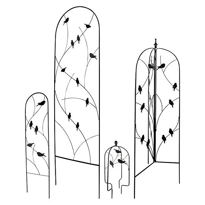 Windhager Rankgitter - B x H: 58 x 182 cm, Metall, Schwarz - Satz schwarzer Metall-Gartenspalier in verschiedenen Größen mit dekorativen Vogelsilhouetten auf geschwungenen Ästen.