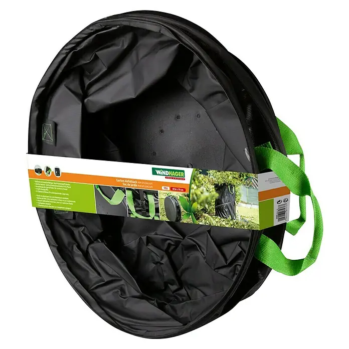 Windhager Pop-Up Gartenabfallsack Baglong-Life - Fassungsvermögen: 170 l, Ø x H: 56 x 70 cm, Schwarz - Ein offener, schwarzer Windhager Gartensack, ideal für Gartenabfälle, mit grünen Tragegriffen und Produktinformationen.