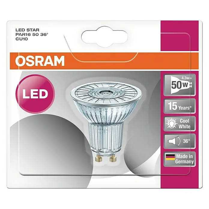 Osram LED-Lampe Reflektor GU10 - GU10, Nicht Dimmbar, Kaltweiß, 350 lm, 4,3 W, Ausstrahlungswinkel: 36 ° - Abbildung einer LED STAR PAR16 50 36° GU10 Lampe von Osram. Energiesparende LED-Lampe mit langer Lebensdauer.