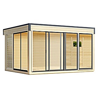 Wolff Finnhaus Gartenhaus Finn Cube 4x3 Typ 2 (Außenmaß inkl. Dachüberstand (B x T): 429 x 328 cm, Naturbelassen, Schiebetür)