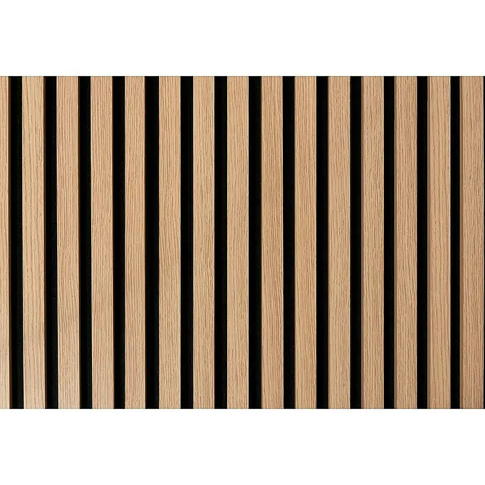 FibroTech Akustikpaneel Unika 25 - Light Oak, 2.440 x 600 x 22 mm - Holzpaneel mit vertikalen Lamellen und schwarzem Hintergrund, ideal für moderne Wandgestaltung.
