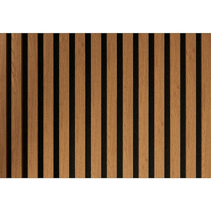 FibroTech Akustikpaneel Unika 25 - Oiled Oak, 2.440 x 600 x 22 mm - Das Bild zeigt eine Nahaufnahme eines Holzpaneels mit dunklen Zwischenräumen, das sich ideal für die Wandgestaltung eignet und eine natürliche Ästhetik bietet.
