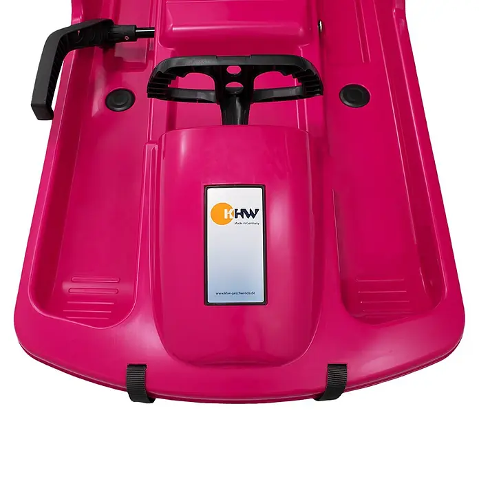 KHW Schlitten Snow Fox - L x B: 95 x 50 cm, Belastbarkeit: 65 kg, Kunststoff, Pink - Nahaufnahme eines pinkfarbenen KHW Snow Flyer Rodels mit Lenkrad und Zugseil für den Winterspaß im Schnee.