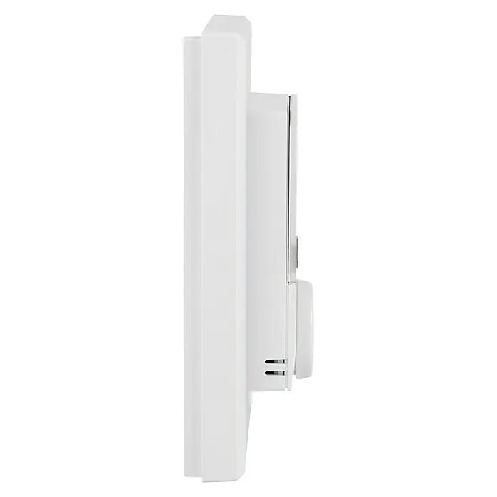 Homematic IP Funk-Raumthermostat mit Luftfeuchtigkeitssensor HmIP-WTH-1 - Weiß, Batteriebetrieben, 86 x 86 x 23,5 mm - Seitenansicht eines weißen Smart Thermostats. Das Gerät hat ein minimalistisches Design mit einem Drehknopf zur Bedienung.