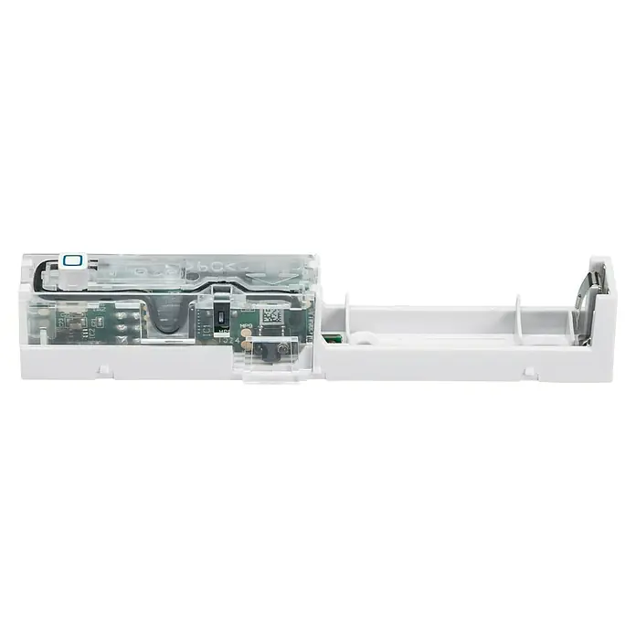 Homematic IP Fenster- & Türsensor HMIP-SWDO-2 - Weiß/Braun, Batteriebetrieben, 102 x 15 x 20 mm - Ein aufgeschnittener Bewegungsmelder mit sichtbarer Elektronik und Batteriehalterung. Für detaillierte Überwachung in Innenräumen konzipiert.