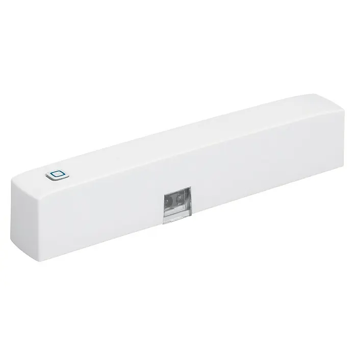 Homematic IP Fenster- & Türsensor HMIP-SWDO-2 - Weiß/Braun, Batteriebetrieben, 102 x 15 x 20 mm - Nahaufnahme eines rechteckigen, weißen Hausautomationsgeräts mit einer Taste und einem Anschluss an einer Seite.