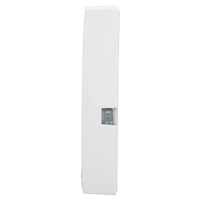 Homematic IP Fenster- & Türsensor HMIP-SWDO-2 - Weiß/Braun, Batteriebetrieben, 102 x 15 x 20 mm - Seitenansicht eines weißen Unterputz-Sicherungskastens, der einen Einblick in das Innere mit Verkabelung bietet.