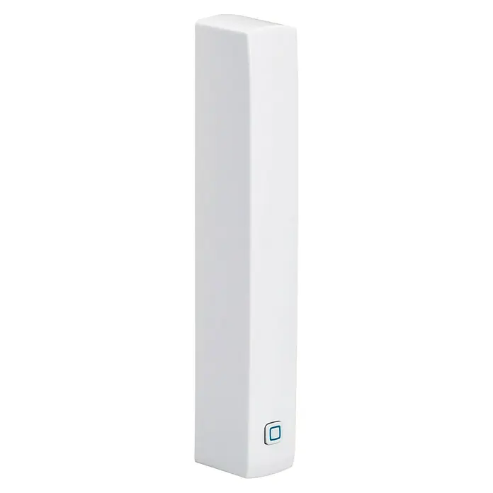 Homematic IP Fenster- & Türsensor HMIP-SWDO-2 - Weiß/Braun, Batteriebetrieben, 102 x 15 x 20 mm - Eine Nahaufnahme eines weißen, schlanken, rechteckigen Geräts mit einer blauen quadratischen Taste unten rechts. Das minimalistische Design ist modern.