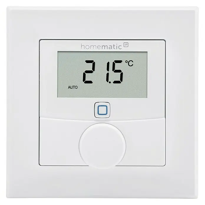 Homematic IP Funk-Raumthermostat mit Luftfeuchtigkeitssensor HmIP-WTH-1 - Weiß, Batteriebetrieben, 86 x 86 x 23,5 mm - Nahaufnahme einer Homematic IP Wandthermostat mit einem digitalen Display, das 21,5 °C anzeigt, umgeben von einer weißen Blende.