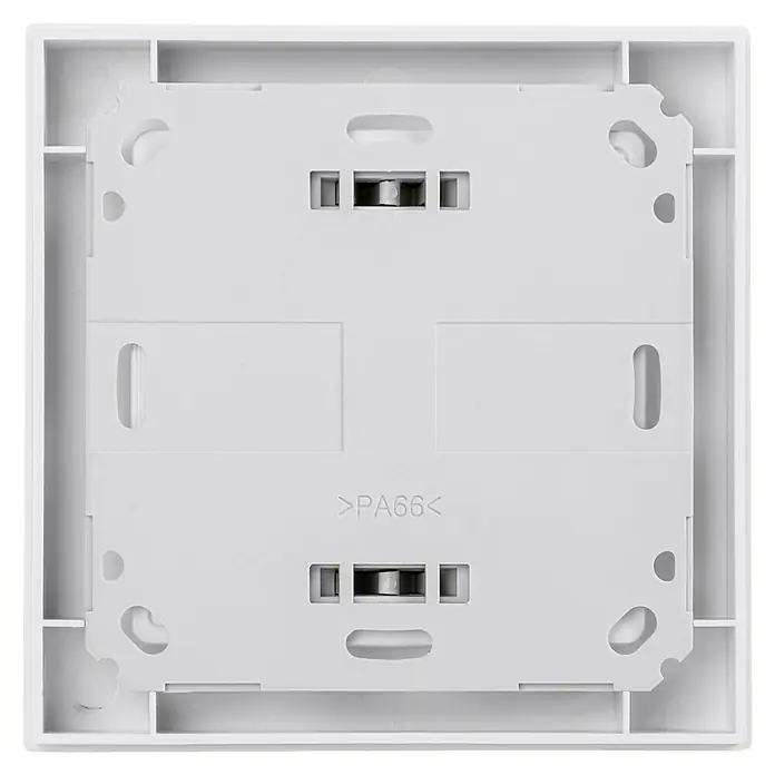 Homematic IP Funk-Raumthermostat mit Luftfeuchtigkeitssensor HmIP-WTH-1 - Weiß, Batteriebetrieben, 86 x 86 x 23,5 mm - Nahaufnahme der Rückseite eines weißen Schalters mit der Aufschrift >PA66<, der die interne Struktur zeigt.