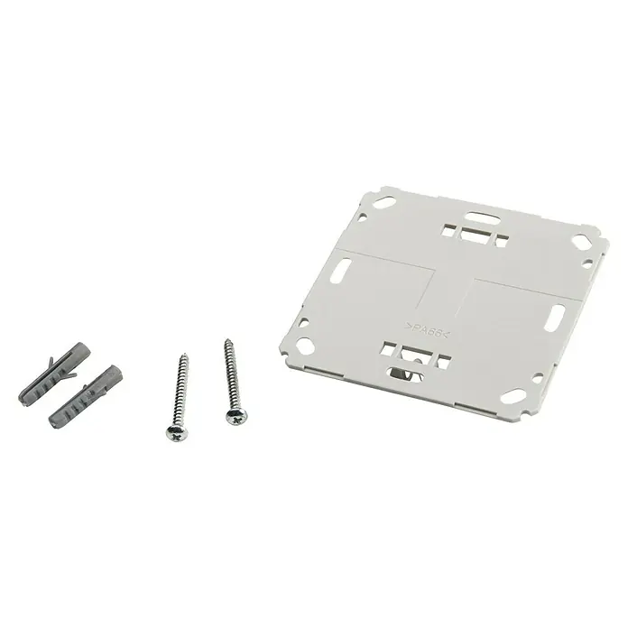 Homematic IP Funk-Raumthermostat mit Luftfeuchtigkeitssensor HmIP-WTH-1 - Weiß, Batteriebetrieben, 86 x 86 x 23,5 mm - Das Bild zeigt eine weiße Montageplatte mit Schrauben und Dübeln. Ideal für die Installation von Geräten an Wänden oder Decken, mit passenden Dübeln und Schrauben.