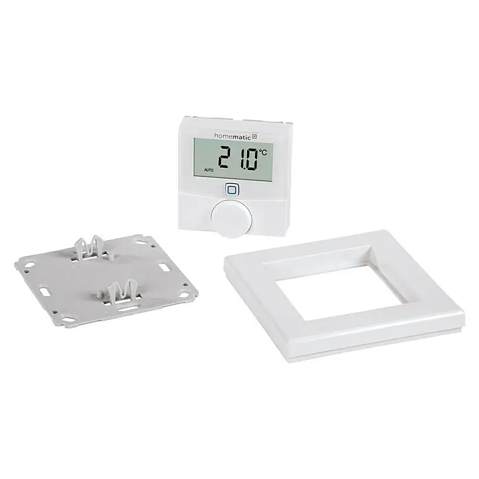 Homematic IP Funk-Raumthermostat mit Luftfeuchtigkeitssensor HmIP-WTH-1 - Weiß, Batteriebetrieben, 86 x 86 x 23,5 mm - Abbildung eines Homematic IP Heizkörperthermostats mit Zubehör zur Wandmontage, inklusive Montageplatte und Rahmen zur Integration in Schalterserien.
