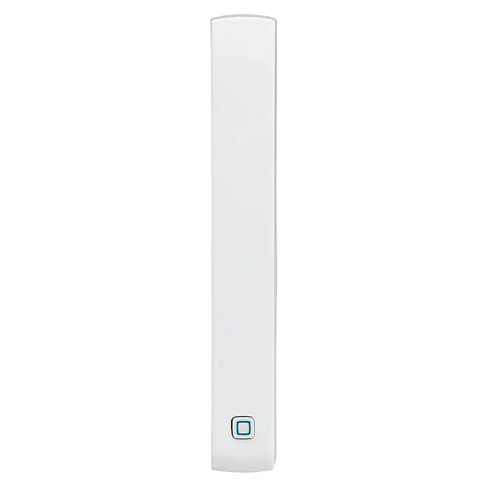 Homematic IP Fenster- & Türsensor HMIP-SWDO-2 - Weiß/Braun, Batteriebetrieben, 102 x 15 x 20 mm - Ein schlanker, weißer digitaler Thermostat mit einem quadratischen, blauen Knopf unten, für moderne Heizungssteuerung.