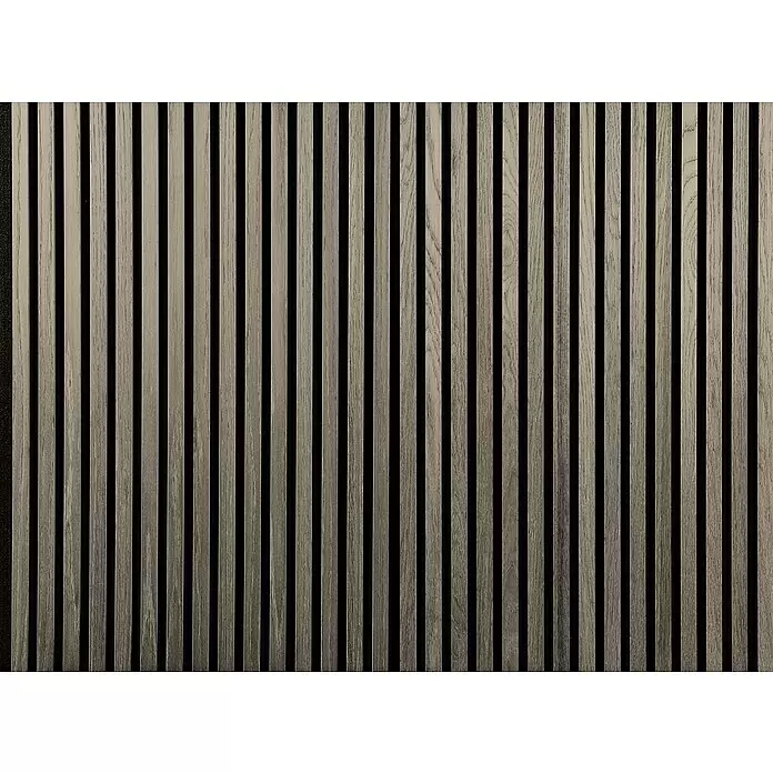 FibroTech Akustikpaneel Premium - Grey Oak, 2.440 x 605 x 22 mm - Akustik-Wandpaneel aus hellbraunen Holzlamellen mit schwarzen Zwischenräumen.