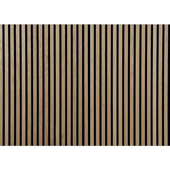 FibroTech Akustikpaneel Premium - Light Oak, 2.440 x 605 x 22 mm - Helles Holz Akustikwandpaneel mit vertikalen Lamellen auf dunklem Filzträger.