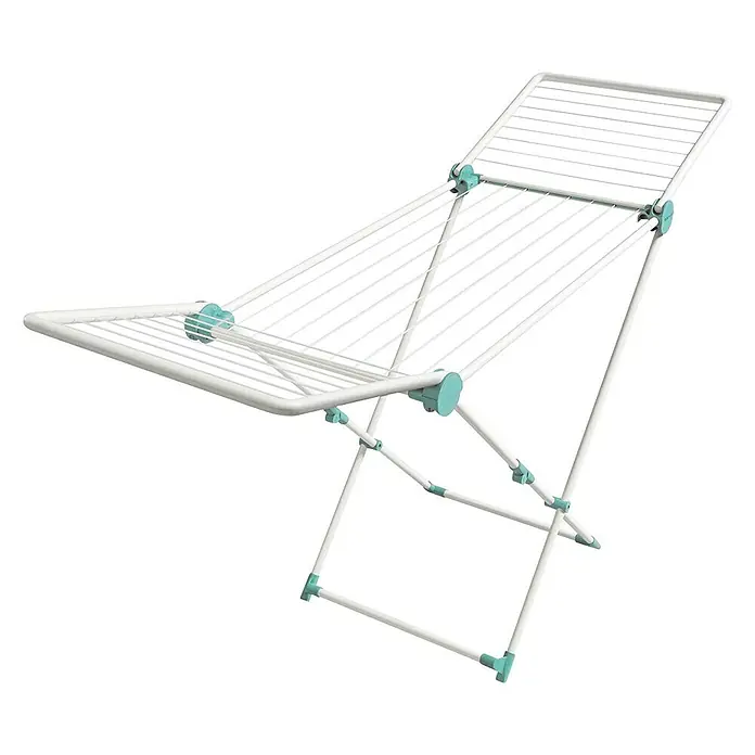 Juwel Flügel-Wäscheständer SuperDry Maxi - Länge Wäscheleine: 20 m, L x B x H: 117,4 x 57,9 x 7,9 cm, Mint - Ein freistehender Wäscheständer in Weiß mit türkisfarbenen Akzenten, ideal für das Trocknen von Wäsche im Innenbereich. Praktisch und platzsparend.