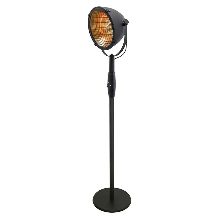 Halogen-Heizstrahler - Schwarz, Höhe: 200 cm - Schwarzer Terrassenheizer mit rundem Fuß und Lampenschirm, ideal für den Außenbereich.