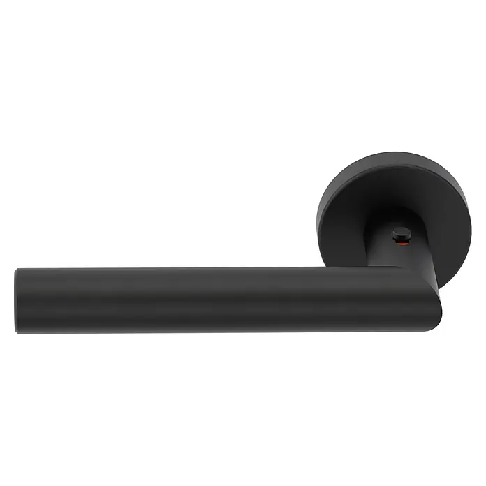 Diamond Doors Zimmertürgarnitur Moderna Smart2lock - Stärke Tür: 38 mm - 45 mm, Edelstahl, L-Form, Graphitschwarz, DIN Anschlag: Links, Passend für: Türen ohne Schlüssellochbohrung, Türen mit Schlüssellochbohrung benötigen zusätzlich eine Blindrosette - Nahaufnahme eines modernen, schwarzen Türgriffs mit einem minimalistischen Design und einer runden Rosette.