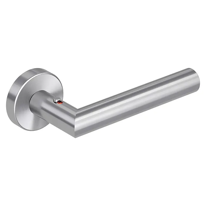 Diamond Doors Zimmertürgarnitur Moderna Smart2lock - Stärke Tür: 38 mm - 45 mm, Edelstahl, L-Form, Edelstahl matt, DIN Anschlag: Rechts, Passend für: Türen ohne Schlüssellochbohrung, Türen mit Schlüssellochbohrung benötigen zusätzlich eine Blindrosette - Nahaufnahme eines modernen Türgriffs aus gebürstetem Edelstahl mit einem roten Indikator, der Privatsphäre signalisiert.