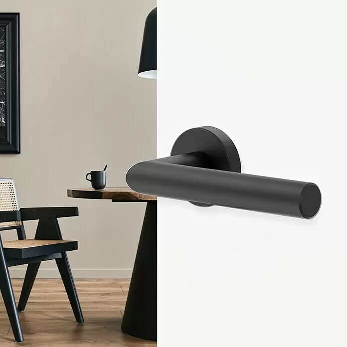 Diamond Doors Zimmertürgarnitur Moderna - Stärke Tür: 38 mm - 45 mm, Edelstahl, L-Form, DIN Anschlag: Links/Rechts, Graphitschwarz - Schlanker, mattschwarzer Türgriff in minimalistischem Design.