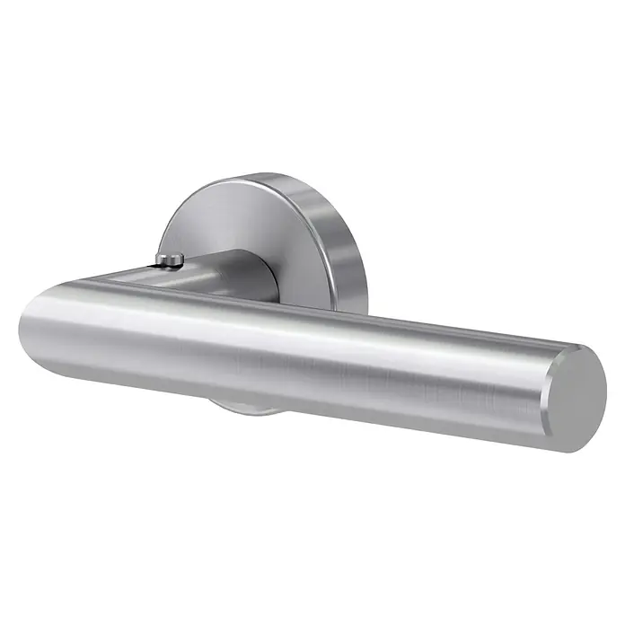 Diamond Doors Zimmertürgarnitur Moderna Smart2lock - Stärke Tür: 38 mm - 45 mm, Edelstahl, L-Form, Edelstahl matt, DIN Anschlag: Rechts, Passend für: Türen ohne Schlüssellochbohrung, Türen mit Schlüssellochbohrung benötigen zusätzlich eine Blindrosette - Detailaufnahme eines modernen, silberfarbenen Türgriffs mit klarer, zylindrischer Form und runder Rosette.