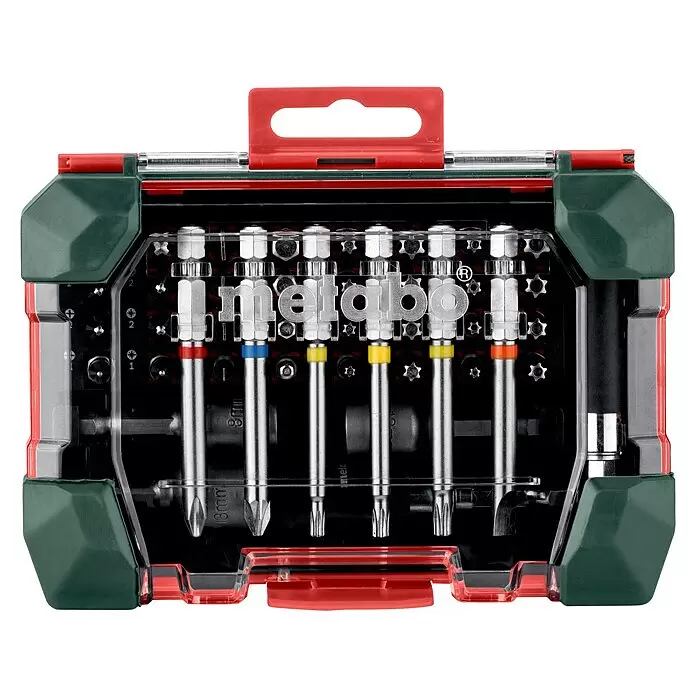 Metabo Bit-Box - 15 -tlg. - Metabo Schraubendreher-Bit-Set in einer transparenten Hülle mit grünen und roten Akzenten, mit verschiedenen metallischen Bits mit Farbringen.