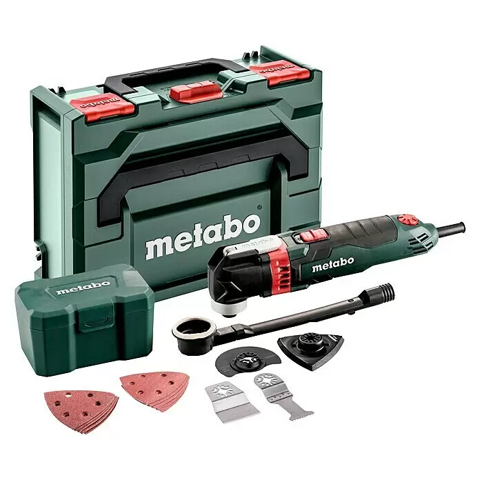 Metabo Elektro-Multifunktionswerkzeug MT 400 Quick Starlock - 400 W, STARLOCK-System - Metabo Multitool-Set mit Werkzeug, großem grünen Koffer, kleiner Zubehörbox und verschiedenen Aufsätzen wie Schleifpads und Klingen.