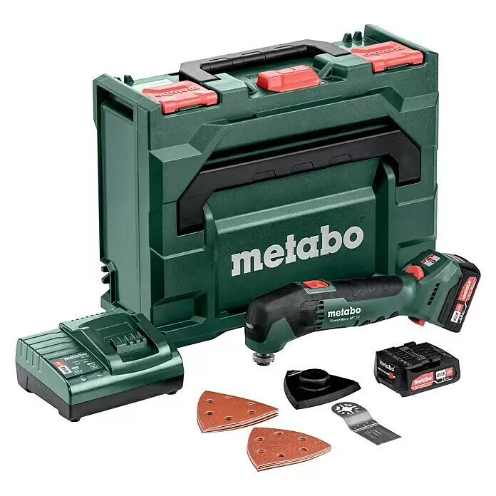 Metabo Akku-Multifunktionswerkzeug Powermaxx MT 12 - 12 V, 2 Akkus, 2 Ah - Metabo PowerMaxx MT 12 Akku-Multitool-Set: Werkzeug, Ladegerät, 2 Akkus, Transportkoffer, Schleifpads & Klinge in Grün/Schwarz.