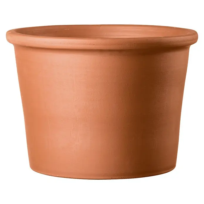 Deroma Pflanztopf Bordato - Außenmaß (Ø x H): 38 x 28,9 cm, Naturmaterialien, Klinkerrot - Nahaufnahme eines leeren, unglasierten Terrakotta-Blumentopfs mit gerader, zylindrischer Form und einem dicken, gerollten Rand.