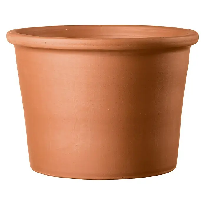 Deroma Maceta para planta - Dimensiones externas (Ø x Al): 38 x 28,9 cm, Materiales naturales, Rojo klinker - Primer plano de una maceta de terracota vacía, sin esmaltar, con forma cilíndrica recta y un borde grueso enrollado.