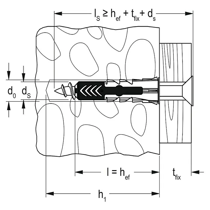 Fischer Schrauben- & Dübel-Set 6,8,10SB - Nylon, Geeignet für: Lochbaustoffe, 96 Stk. - Eine schematische Darstellung einer Dübelbefestigung mit Beschriftungen für effektive Tiefe und Schraubenlänge.