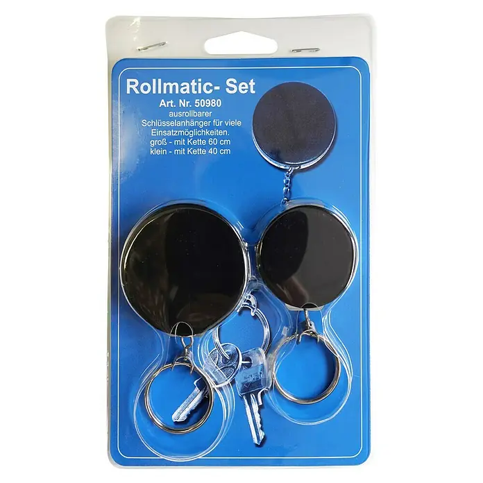 Reiher Schlüsselanhänger Kette - Länge: 60 cm, 2 Stk. - Das Bild zeigt ein Rollmatic-Set mit ausrollbaren Schlüsselanhängern in verschiedenen Größen, die in einer blauen Verpackung präsentiert werden.