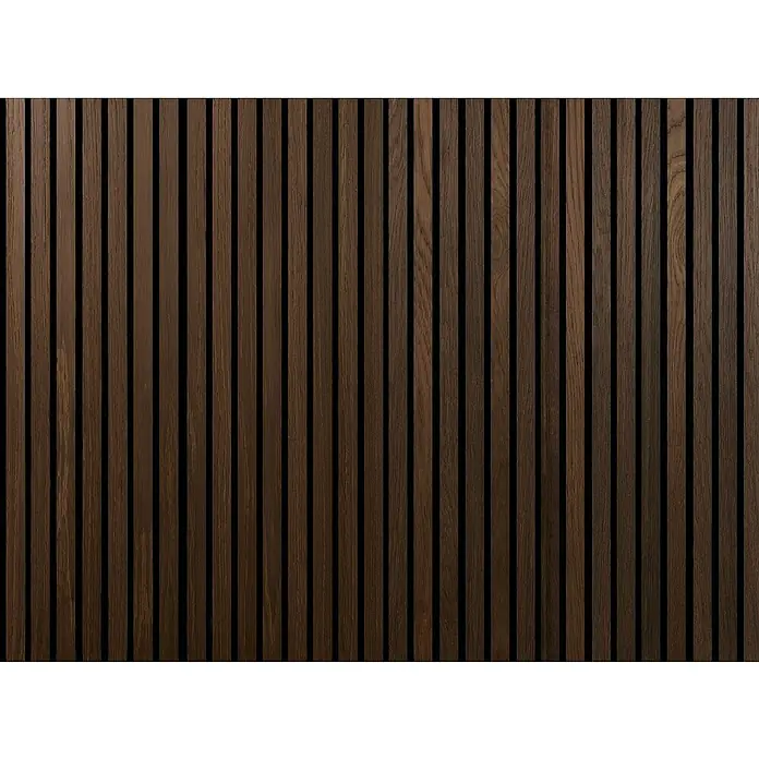 FibroTech Akustikpaneel Proff - Smoked Oak, L x B x S: 3.000 x 605 x 22 mm, 1 Stk., 1,82 m² - Dunkle Holzpaneele mit vertikalen Latten und Schattenfugen, die eine moderne und elegante Wandverkleidung bilden.
